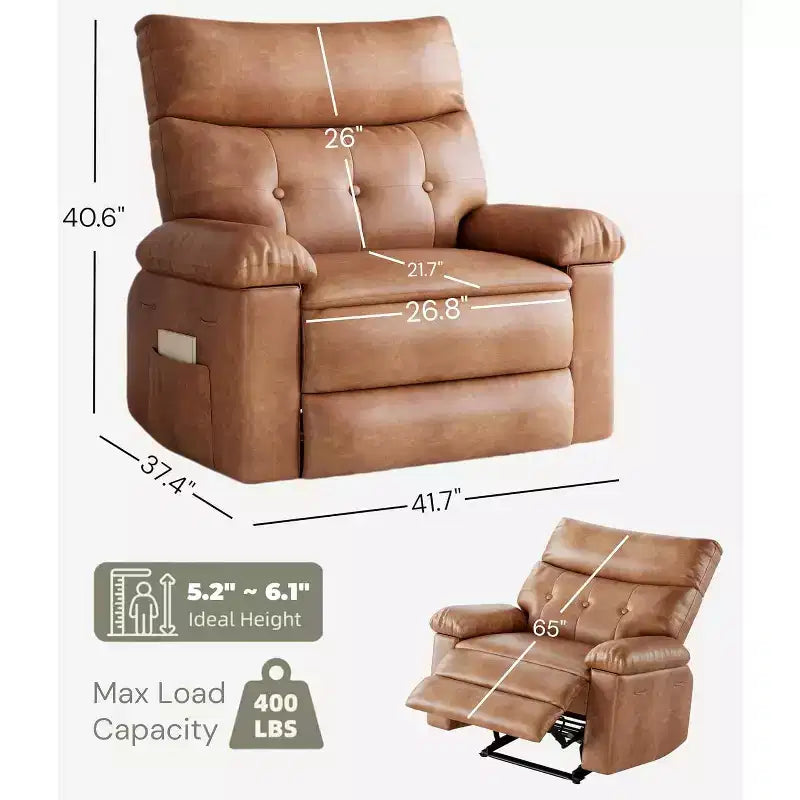 Fauteuil inclinable en cuir surdimensionné, inclinable manuel extra large, chaise longue avec accoudoirs et dossier confortables en éponge 1,5X pour salon, chambre