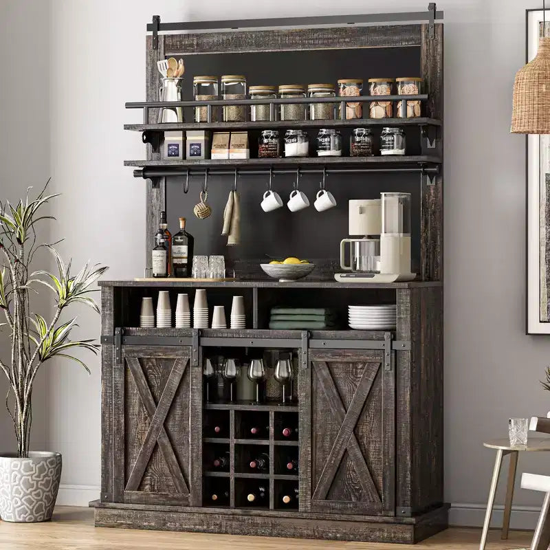 Meuble à café style ferme, 75 pouces de haut, buffet avec rangement, grand meuble de bar avec porte coulissante de style grange, salle à manger