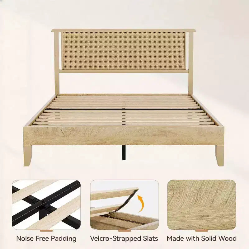 Cadre de lit plateforme Dyonery Queen Size en rotin et bois - Tête de lit bohème naturelle, lattes en bois robustes, silencieux, aucun sommier tapissier requis, poids maximal de 360 kg