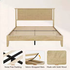 Cadre de lit plateforme Dyonery Queen Size en rotin et bois - Tête de lit bohème naturelle, lattes en bois robustes, silencieux, aucun sommier tapissier requis, poids maximal de 360 kg