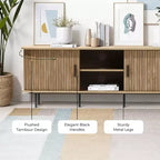 Meuble TV LuxenHome 55 po de style moderne du milieu du siècle avec porte coulissante pour téléviseurs jusqu'à 60 po, centre de divertissement avec rangement et étagères, marron