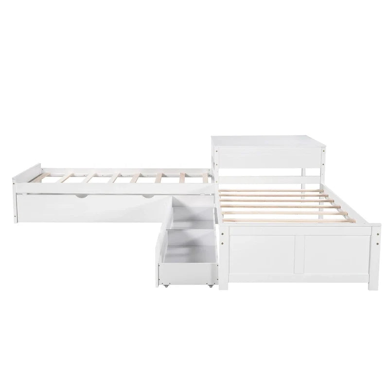 Lit plateforme en L moderne blanc de taille double avec lit gigogne et tiroirs pour chambre à coucher