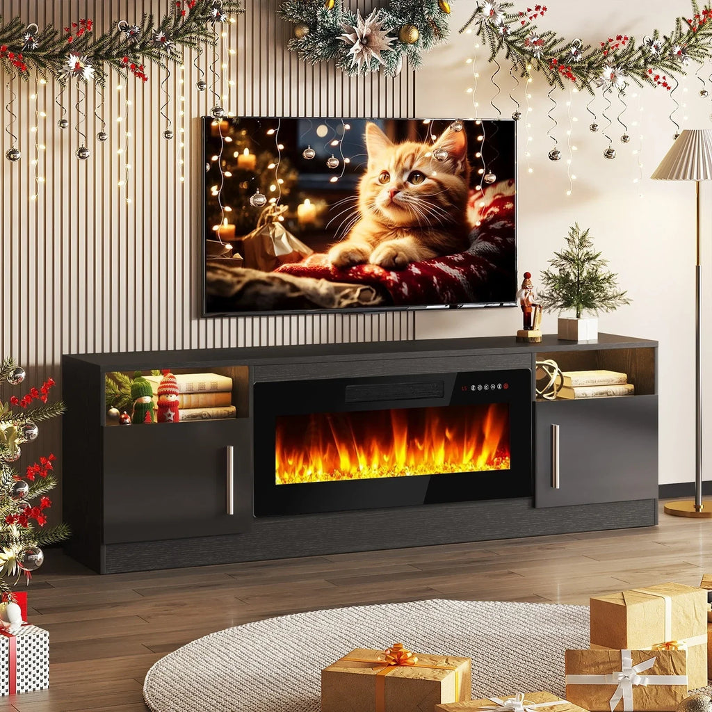 Meuble TV cheminée Bossin 70 avec cheminée électrique 36, meuble TV pour téléviseurs jusqu'à 80 pouces, lumières LED 16 couleurs/centre de divertissement