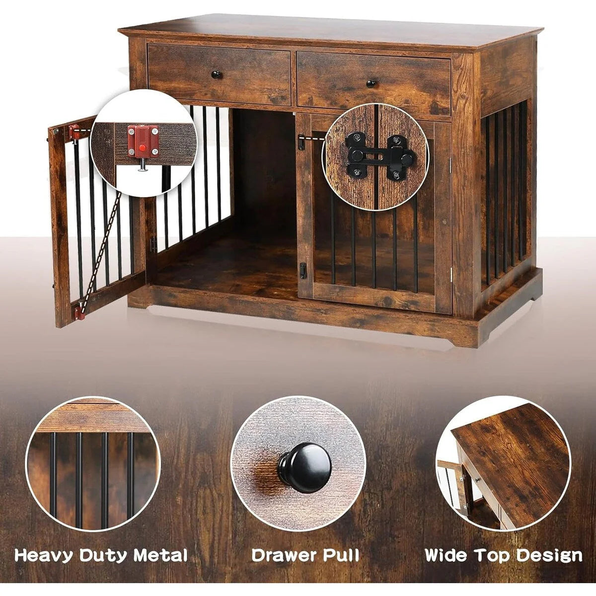 BOSSIN Cage pour Grand Chien de 112 cm, Meuble de Chenil en Bois avec Tiroirs de Rangement, Niche Décorative pour Animaux de Compagnie