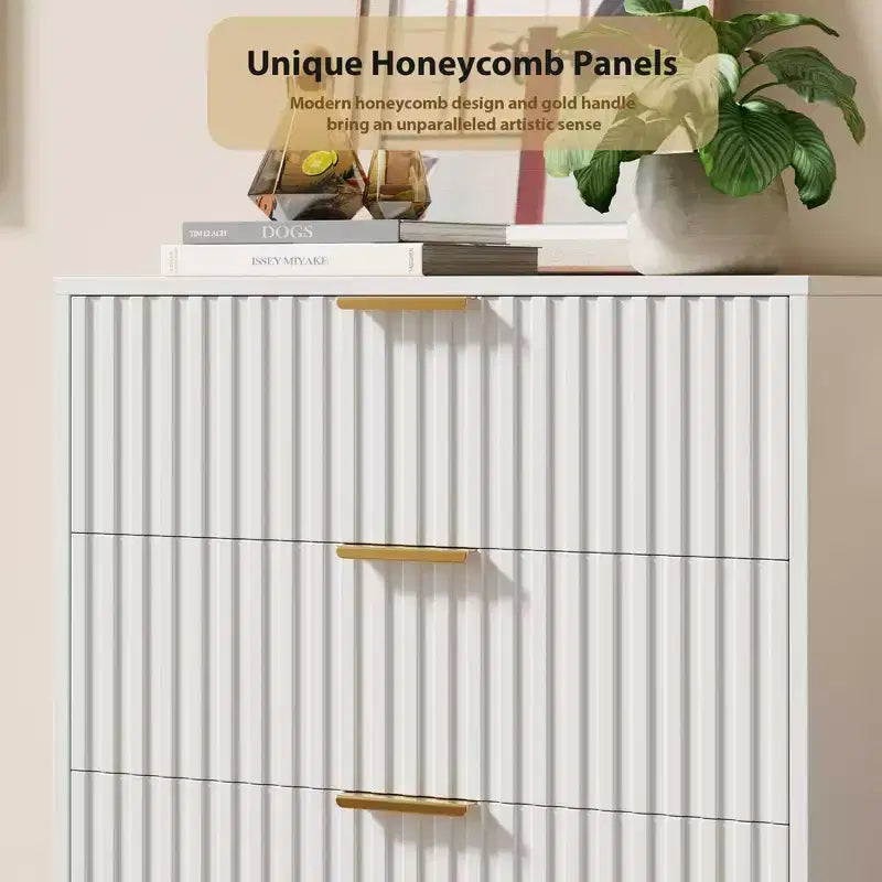 Commode moderne en bois de 122 cm de haut avec 5 tiroirs cannelés profonds et un large plateau pour chambre à coucher, salon, couloir, chambre d'enfant