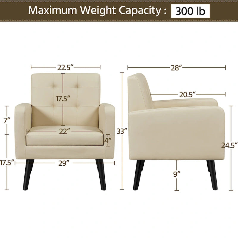 Fauteuil d'appoint capitonné moderne en similicuir Yaheetech avec pieds en bois massif - 28.52933