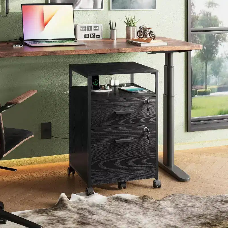 Classeur à 2 tiroirs, support d'imprimante mobile avec étagère de rangement ouverte, meuble de classement en bois pour documents A4 ou format lettre pour bureau à domicile