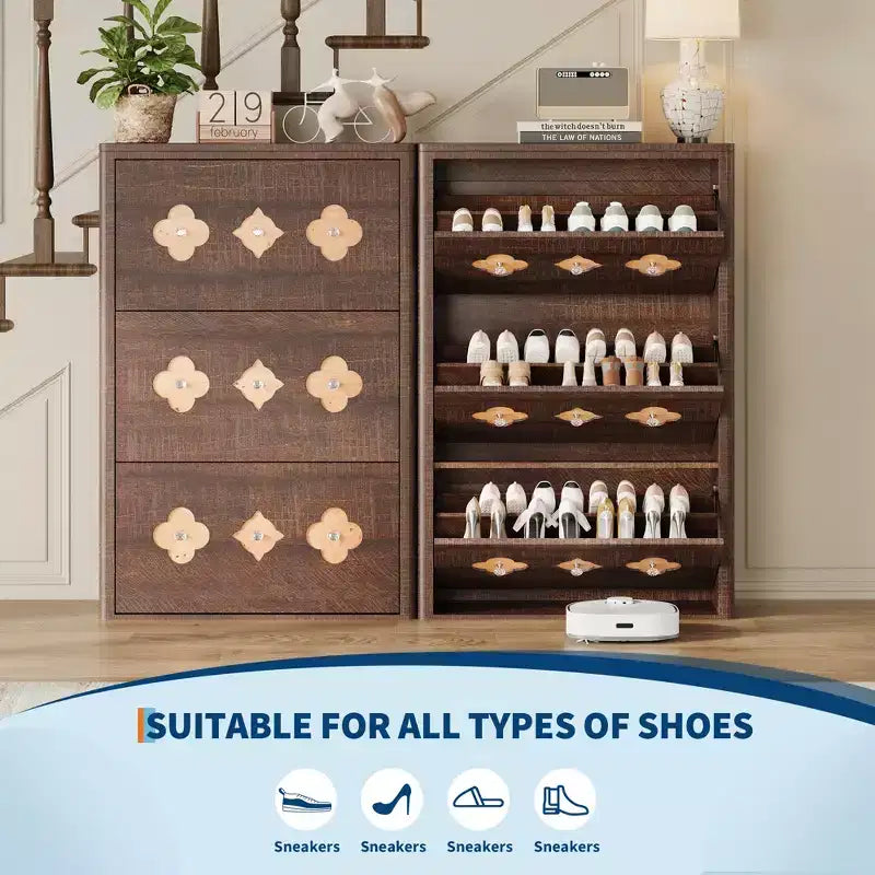 Meuble à chaussures Garvee avec 3 tiroirs basculants sculptés, poignées en cristal, meuble de rangement pour chaussures avec étagère réglable, meuble à chaussures de rangement en bois