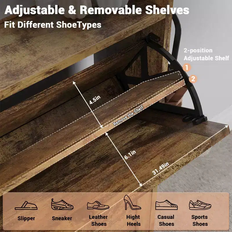 Meuble à chaussures avec banc, Meuble de rangement à chaussures étroit et mince de style rustique avec 2 tiroirs basculants pour entrée, salon, couloir