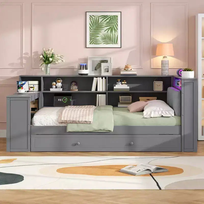 Lit plateforme double en bois Luxystar avec tête de lit capitonnée, 8 étagères de rangement, lit gigogne et bureau