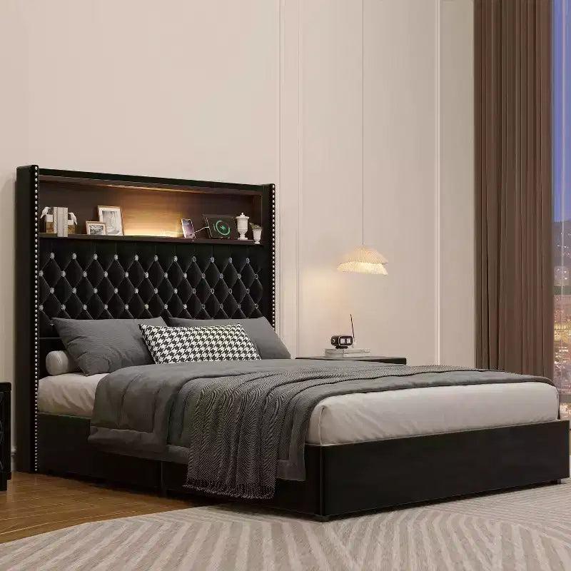 MAYEERTY Lit double en velours capitonné avec veilleuse, tête de lit haute de 52 po, décor de rivets, tête de lit de plateforme à oreilles avec étagère, pour chambre à coucher, noir