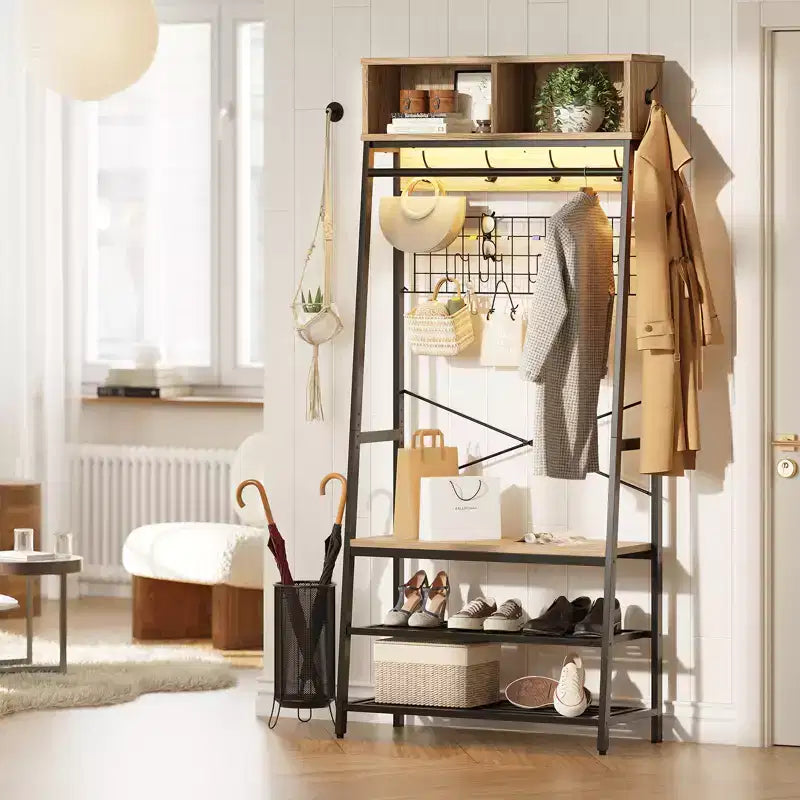 Bestier Portemanteau avec banc de rangement à chaussures, arbre de vestibule 70 avec étagères, support de suspension de vêtements pour vestes et chats, organisateur d'entrée 5 en 1 avec crochets