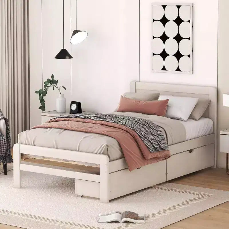 Lit plateforme double Acekool avec 2 tiroirs de rangement gigognes, tête de lit, cadre robuste, aucun sommier tapissier requis, gain de place pour chambre d'enfants ou d'amis