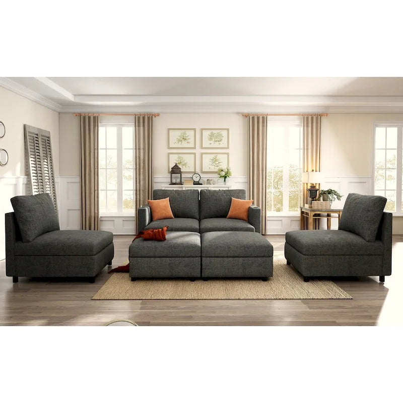 Canapé d'angle modulable 4 places en U gris 123 avec poufs de rangement