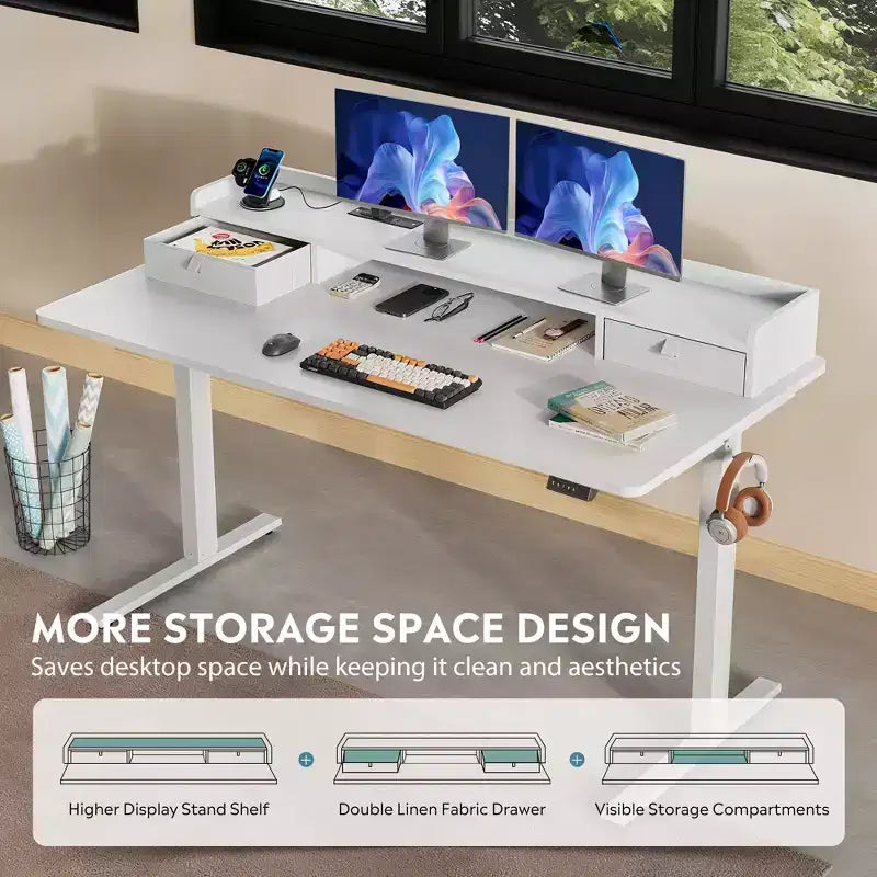 GALAXHERO Bureau électrique debout élargi de 55,24 pouces, poste de travail assis-debout réglable en hauteur avec 2 tiroirs, pour bureau à domicile