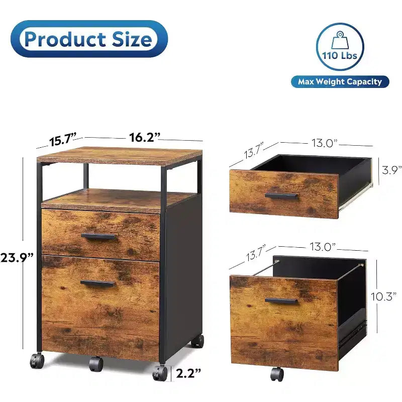 Classeur à 2 tiroirs, support d'imprimante mobile avec étagère de rangement ouverte, meuble de classement en bois pour documents A4 ou format lettre pour bureau à domicile