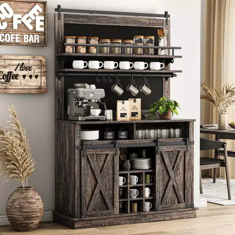 Meuble à café style ferme, 75 pouces de haut, buffet avec rangement, grand meuble de bar avec porte coulissante de style grange, salle à manger