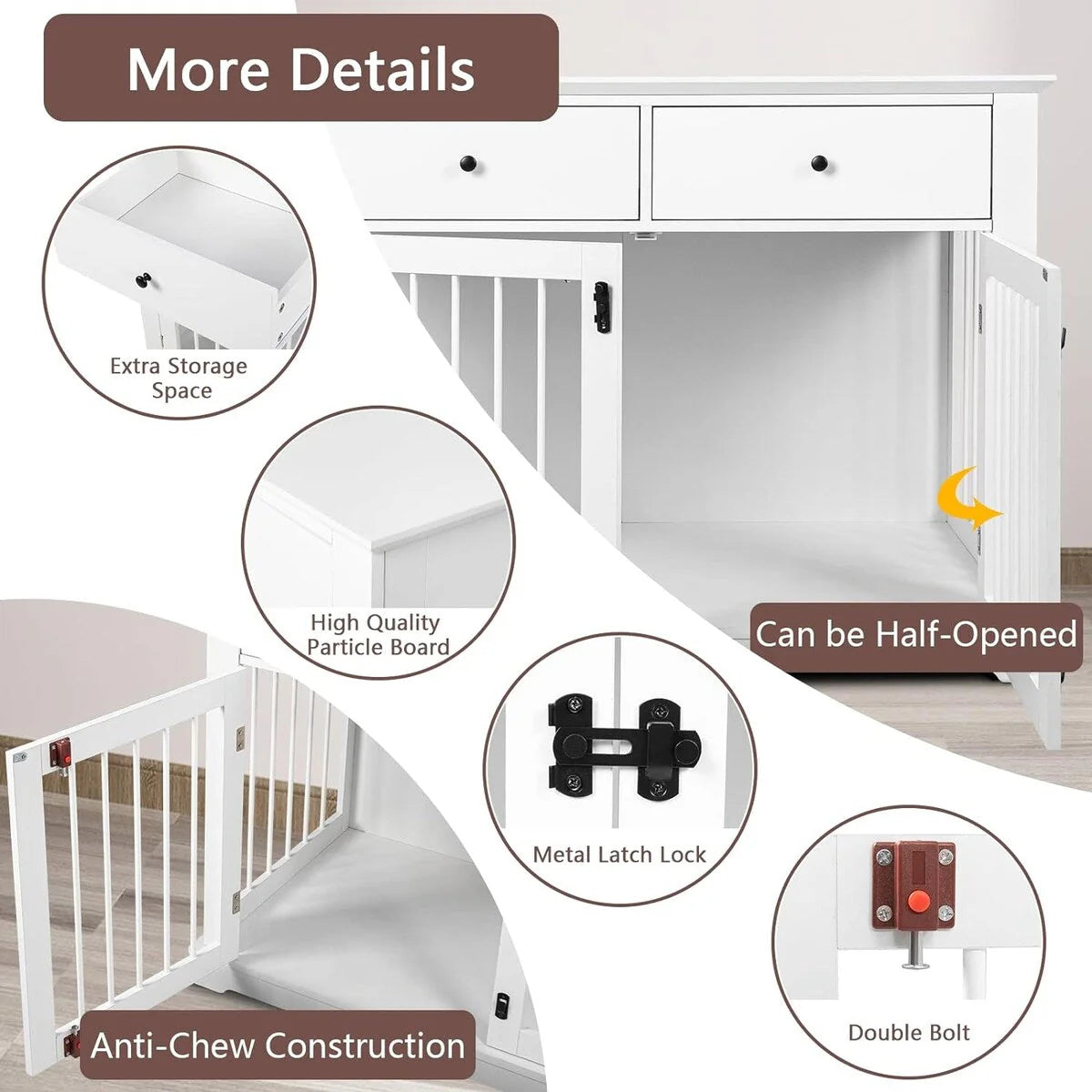 BOSSIN Cage pour Grand Chien de 112 cm, Meuble de Chenil en Bois avec Tiroirs de Rangement, Niche Décorative pour Animaux de Compagnie