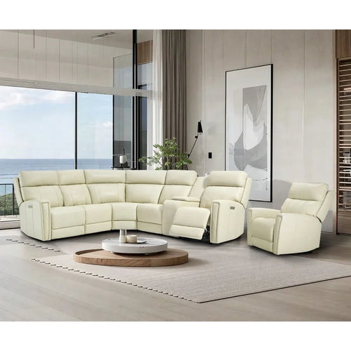 Canapé d'angle électrique 6 places en cuir véritable 104 L et fauteuil inclinable 39 L avec zéro gravité, ports USB, 2 fauteuils fixes sans accoudoirs