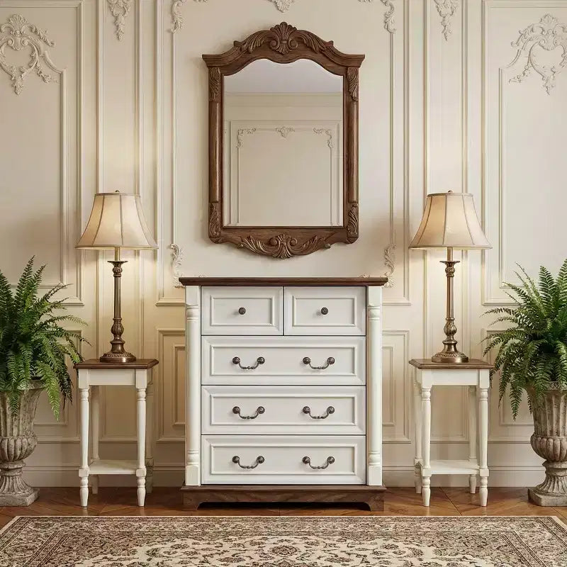 JVNOXK Commode à cinq tiroirs en bois de style rustique de 31 pouces avec base, armoire de rangement pour chambre ou salon, élégante, robuste, durable, noyer