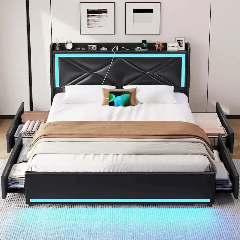 Cadre de lit avec lumières LED, tête de lit et station de charge USB-C/A, 4 tiroirs
