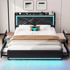 Cadre de lit avec lumières LED, tête de lit et station de charge USB-C/A, 4 tiroirs