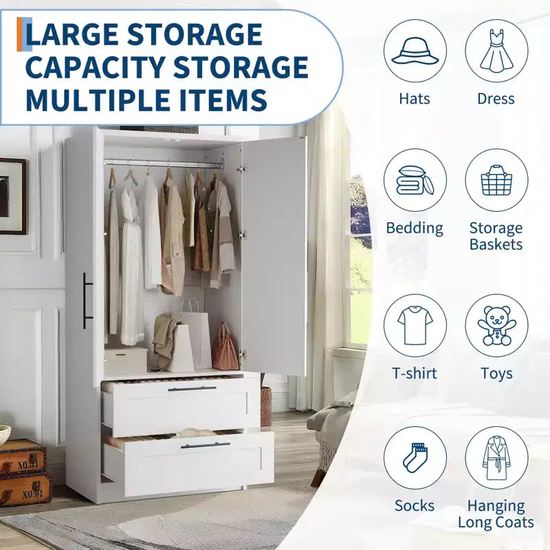 Armoire en bois 2 portes avec 2 tiroirs et étagère pour suspendre les vêtements, placard de rangement autonome pour chambre à coucher et salon