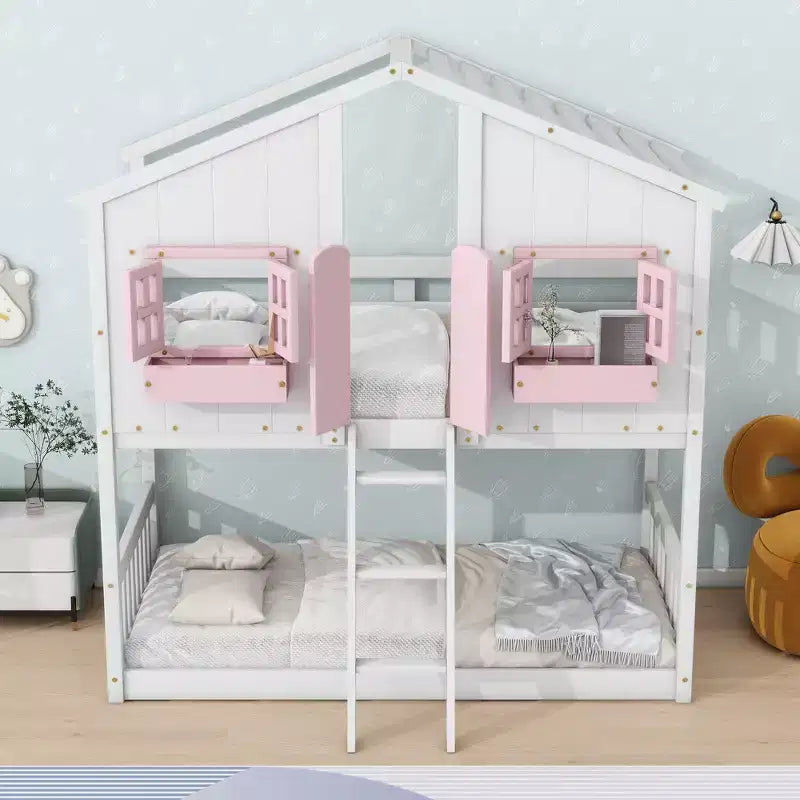 Lit superposé Whisen Twin sur Twin avec toit, fenêtre, jardinière, porte, barrières de sécurité et échelle