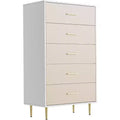 Commode blanche à 5 tiroirs, chiffonnier haut et étroit, commode étroite en bois avec poignées et pieds en métal doré, meuble de rangement moderne avec tiroirs.