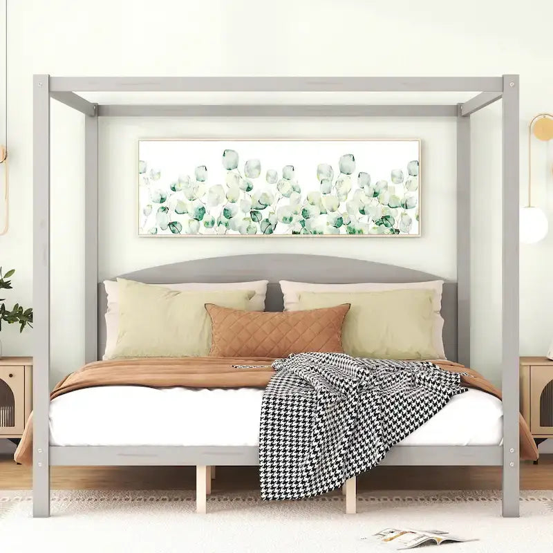 Lit plateforme à baldaquin King Size en pin avec tête de lit classique en bois, cadre de lit rembourré, aucun sommier tapissier requis, montage facile