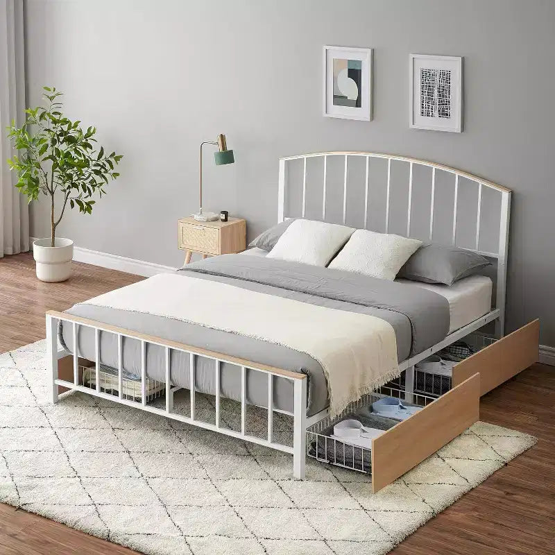 Cadre de lit double avec rangement à 4 niveaux, gain de place, tête et pied de lit, lattes métalliques robustes, assemblage facile, pas besoin de sommier tapissier