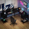 Bureau d'ordinateur en L noir de 168 cm avec station de charge, bureau de jeu de 240 cm de long pour deux personnes, 4 tiroirs, 2 supports d'écran, rangement pour bureau à domicile