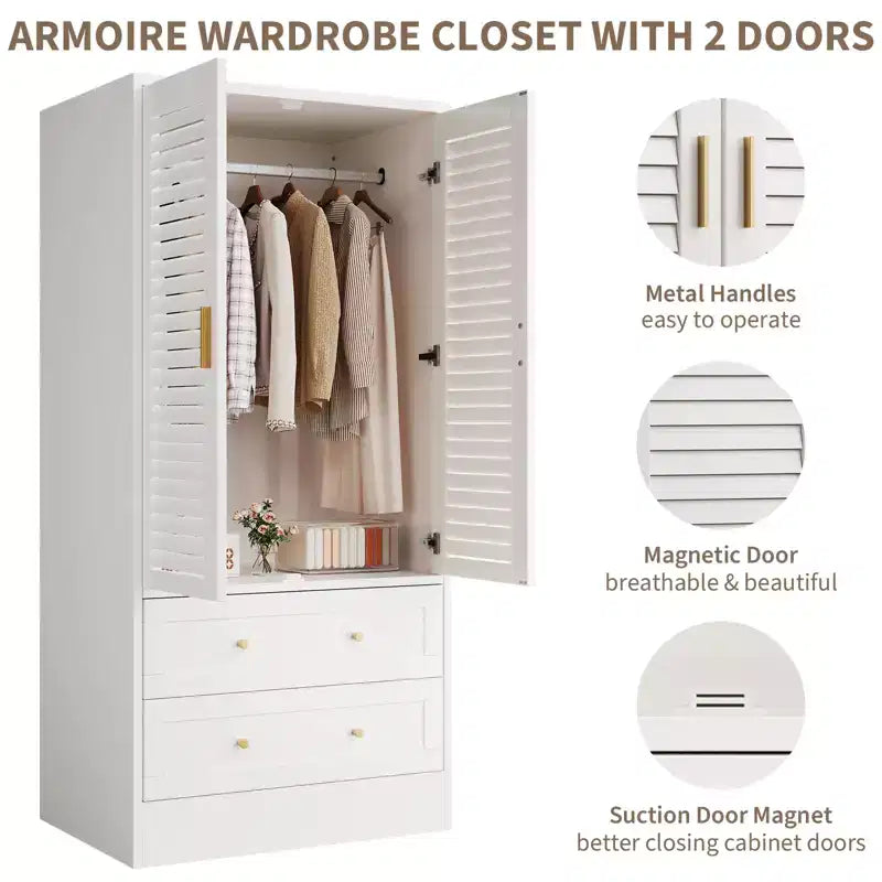 Armoire penderie à persiennes de 165 cm, Meuble de rangement en bois avec 2 portes et 2 tiroirs, Armoire de chambre avec tringle de suspension