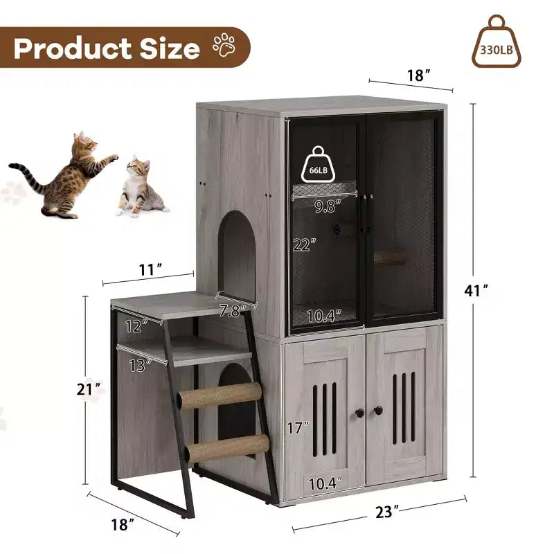 Meuble de litière pour chat GustomWave, armoire double cachée 2 en 1 avec bac à litière fermé et échelle, meuble pour chat en bois