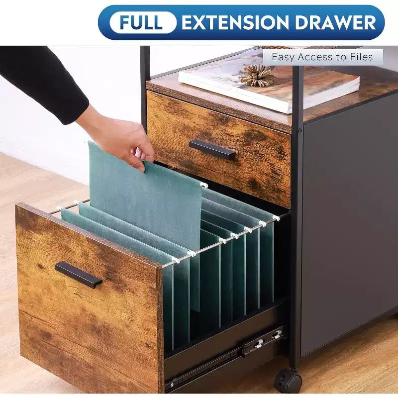 Classeur à 2 tiroirs, support d'imprimante mobile avec étagère de rangement ouverte, meuble de classement en bois pour documents A4 ou format lettre pour bureau à domicile