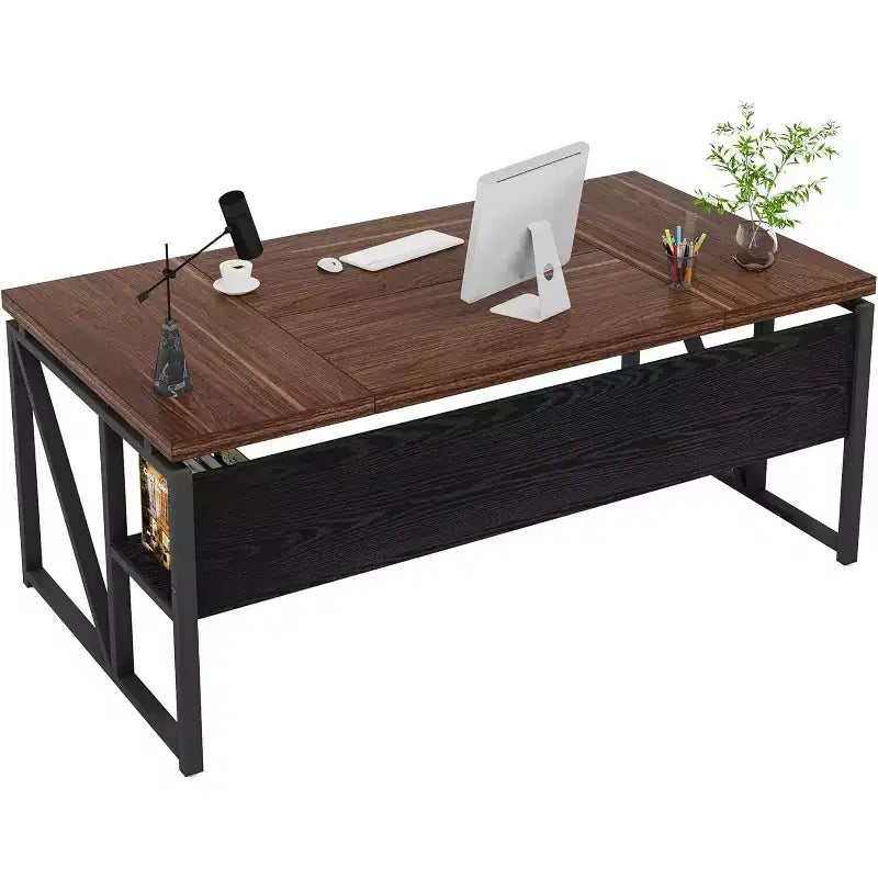 Bureau d'ordinateur Lantine de 63 po avec étagère de rangement inférieure, noyer foncé et pieds en acier, pour poste de travail à domicile; armoire non incluse.