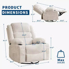 Fauteuil relax pivotant manuel à 360°, canapé planeur avec porte-gobelets et poches, fauteuil confortable pour la chambre de bébé, le salon et la chambre à coucher