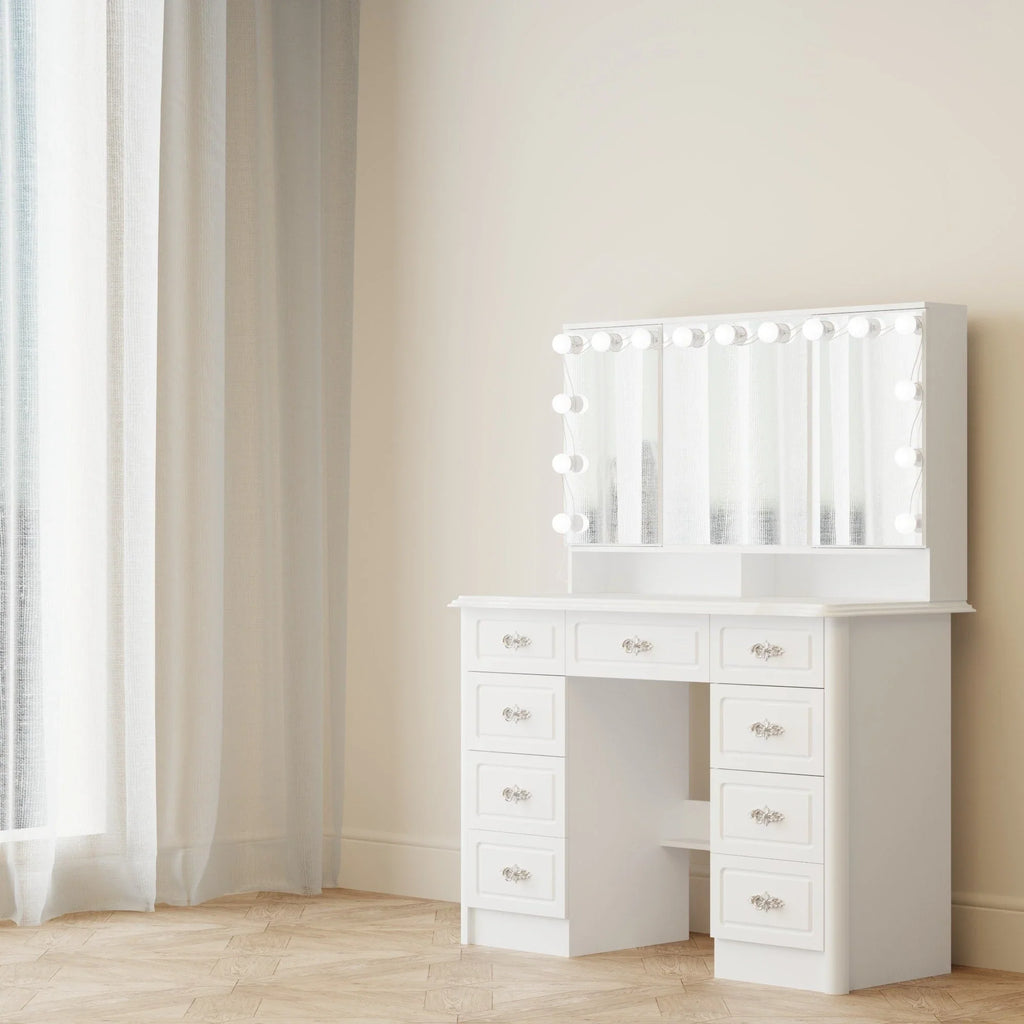 Coiffeuse moderne blanche avec miroir pliable éclairage réglable - 102,1 x 137,4 cm