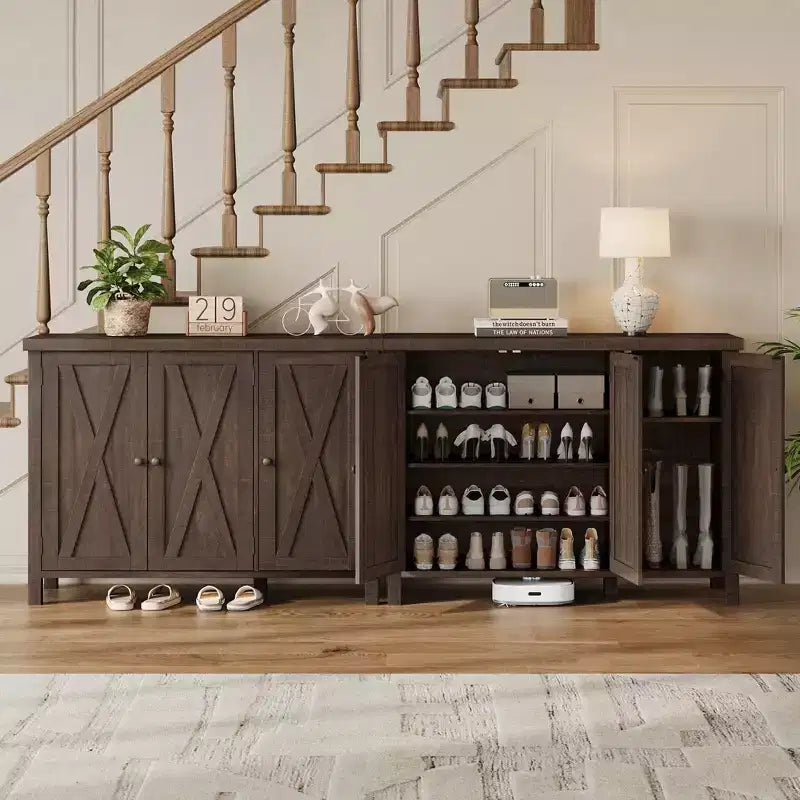 Meuble à chaussures 4 niveaux Coolmee avec portes, meuble à chaussures de style fermier de 89 cm pour entrée, grand meuble de rangement à chaussures pour salon ou couloir