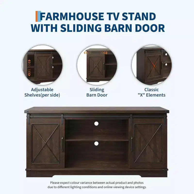 Meuble TV de style rustique pour téléviseurs jusqu'à 65 pouces, meuble de rangement avec portes coulissantes de grange, placards de rangement en bois et étagère réglable