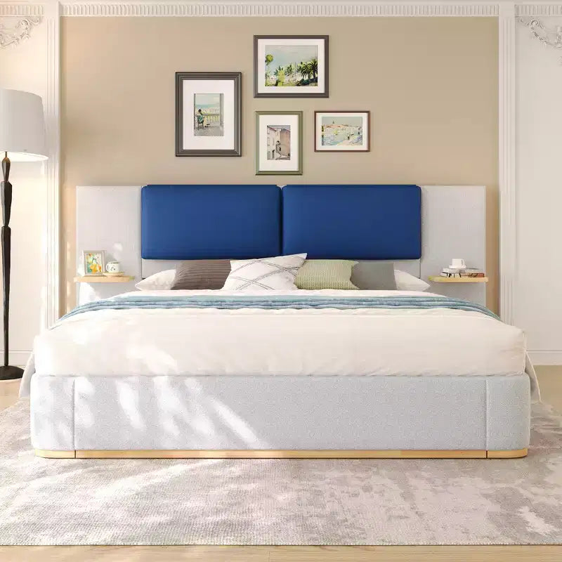Cadre de lit plateforme capitonné Whisen King Size avec étagères de rangement latérales, tête de lit et panneau en PU doux, anti-collision, assemblage facile