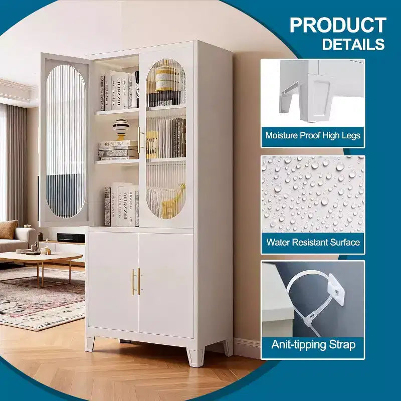 COZONY Armoire de cuisine moderne avec portes en verre cannelé, Armoire de rangement de cuisine de 180 cm, Buffet de rangement en métal pour salle à manger et organisateur de cuisine