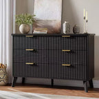 Commode 6 tiroirs pour chambre à coucher, commode de 120 cm de large avec profil incurvé, tiroirs en bois cannelé, commode moderne pour salon
