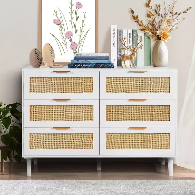 Commode 6 tiroirs en rotin VEVOR, commode bohème, commode en rotin avec rangement spacieux, commode en rotin naturel, blanc