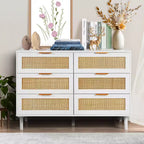 Commode 6 tiroirs en rotin VEVOR, commode bohème, commode en rotin avec rangement spacieux, commode en rotin naturel, blanc
