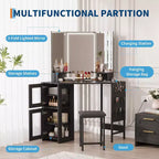 Coiffeuse d'angle avec miroir triptyque, station de charge, armoire de rangement, sac de rangement et tabouret, coiffeuse d'angle compacte pour chambre à coucher