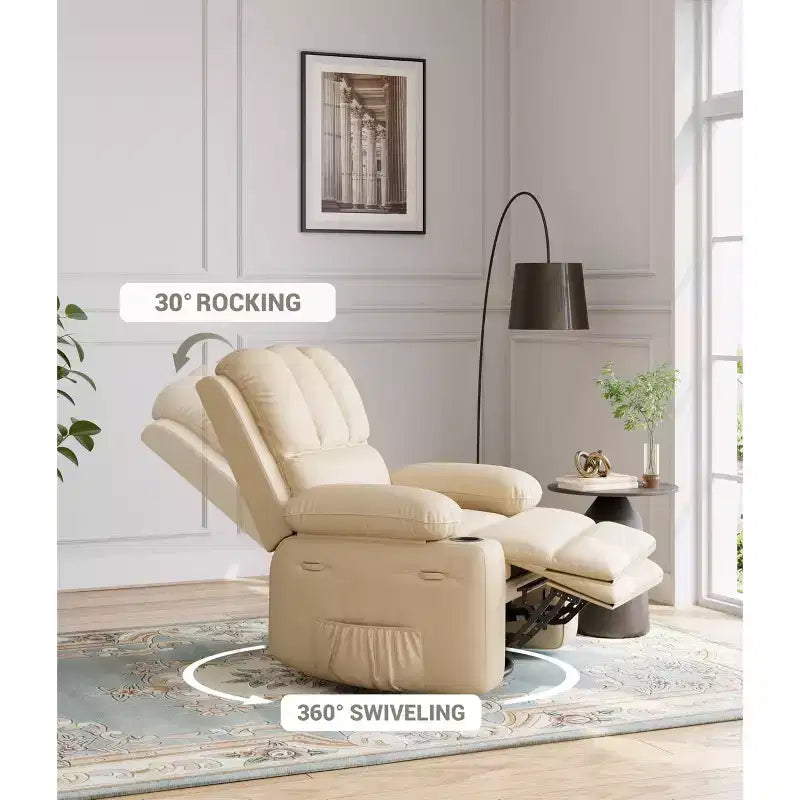 Fauteuil inclinable pour adultes, fauteuil inclinable manuel à bascule en similicuir, fauteuil inclinable pivotant à 360 degrés avec poche latérale, fauteuil inclinable simple, beige