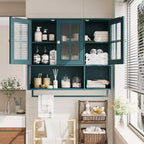 Meuble mural de salle de bain, armoire murale en bois à 3 portes avec espace de rangement ouvert et caché, armoire à pharmacie avec porte vitrée et porte-serviettes