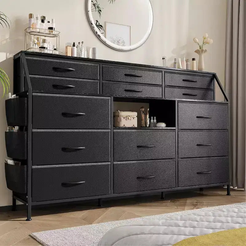 Commode de chambre avec 14 tiroirs, commode de 55" de large avec poche latérale, commodes et chiffonniers en tissu avec étagères