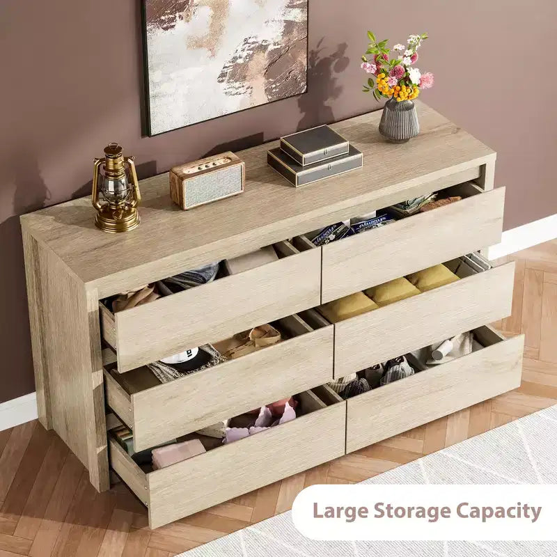 Commode large en bois à 6 tiroirs - Meuble de rangement moderne sans poignée pour chambre, salon, couloir et entrée, grande commode.
